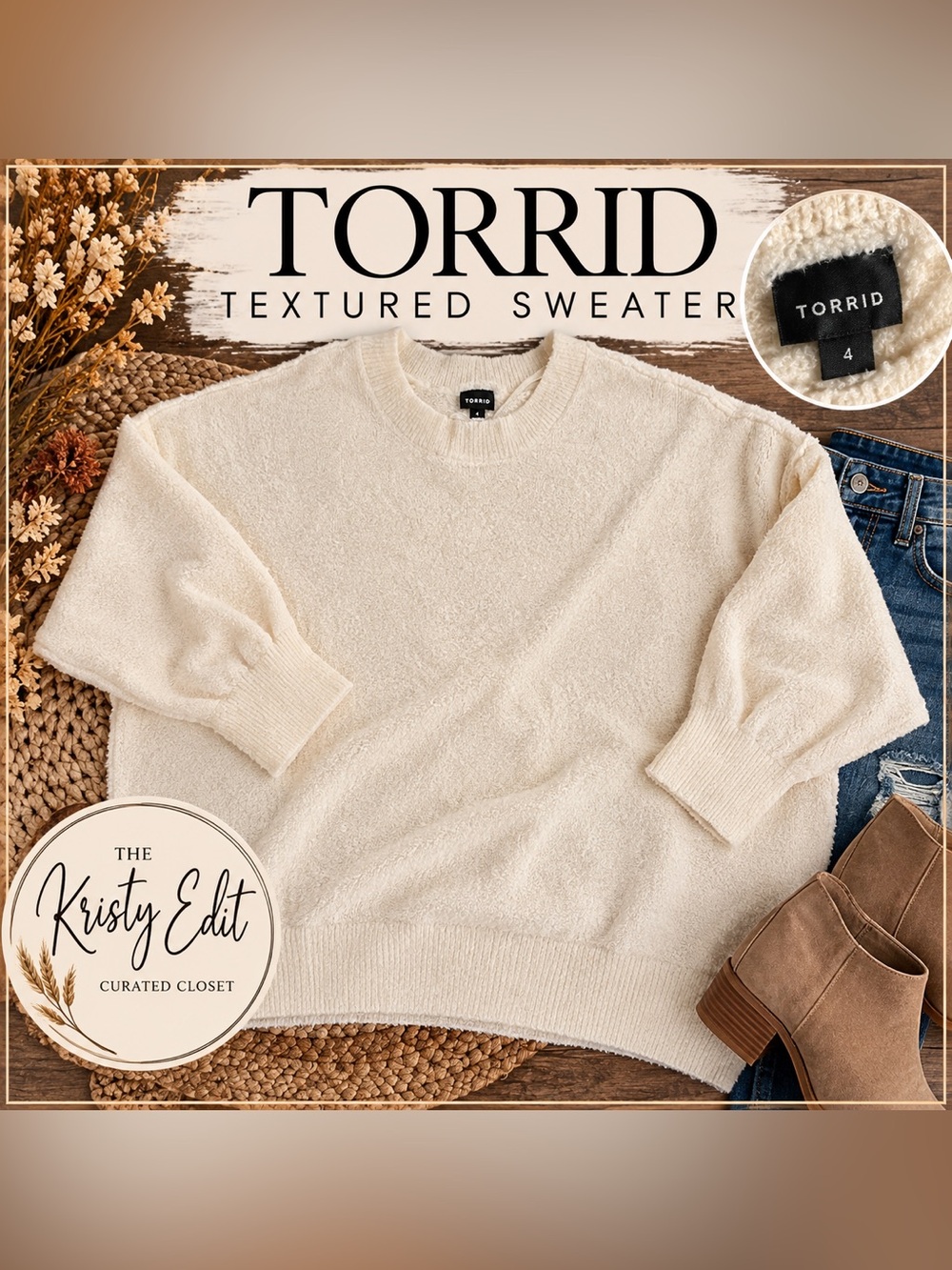 Torrid Ivory Textured Cozy Sweater Size 4 Crewneck Long Sleeve 44515795